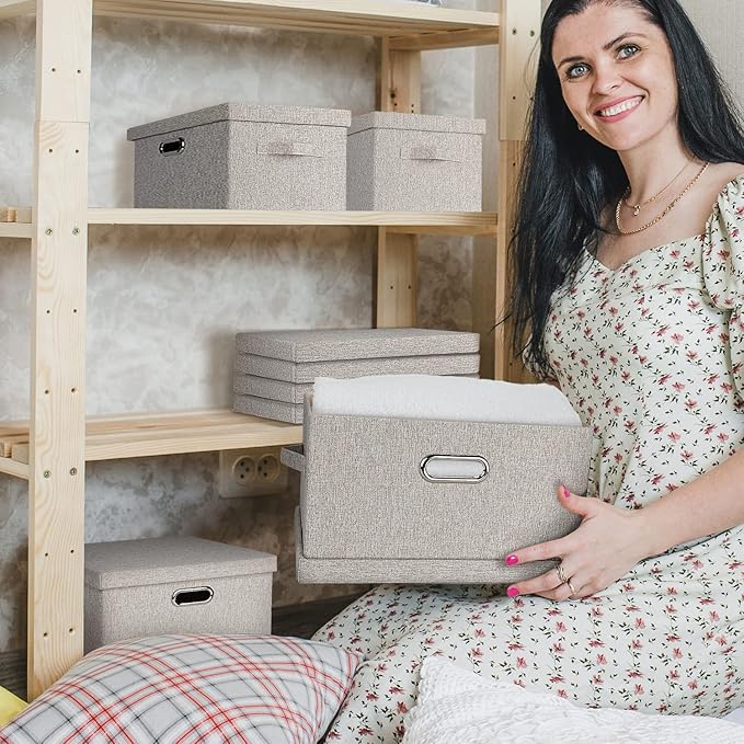 Large Quart Collapsible Stackable Storage Bins with Lids, 3 Packs Beige Linen Fabric Closet Boxes with Lids, Storage Cube Baskets Container Organizers for Bedroom Office(16.6 x 11.7 x 10.8)