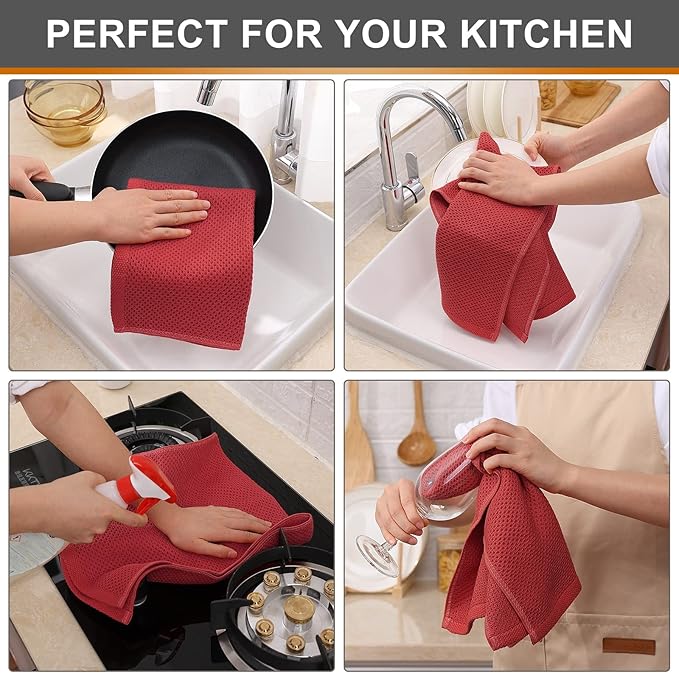 Kitinjoy 100% Cotton Waffle Weave Kitchen Towels, 6-Pack Super Soft and Absorbent Dish Towels for Drying Dishes, Kitchen Hand Towels, 13 in x 28 in, Brick Red