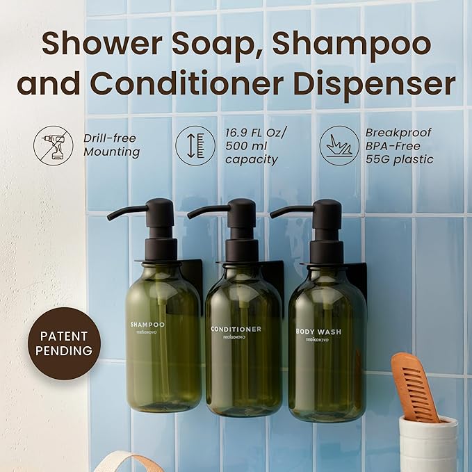 MaisoNovo Shampoo and Conditioner Dispenser - Shower Soap Dispenser Wall Mounted - 16.9 fl oz Set of 3 Green Plastic Bottles Black Pump - Shampoo Dispenser, Shower Dispenser