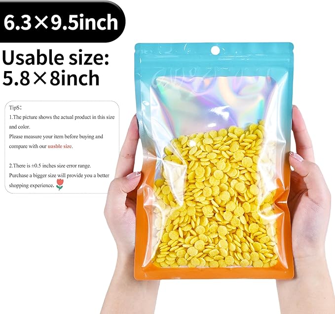 100 Pack Resealable Plastic Bags for Food Storage, Zipper Bags with Clear Front Window, Packaging Pouch for Small Business (Green & Orange, 6.3x9.5 inch)