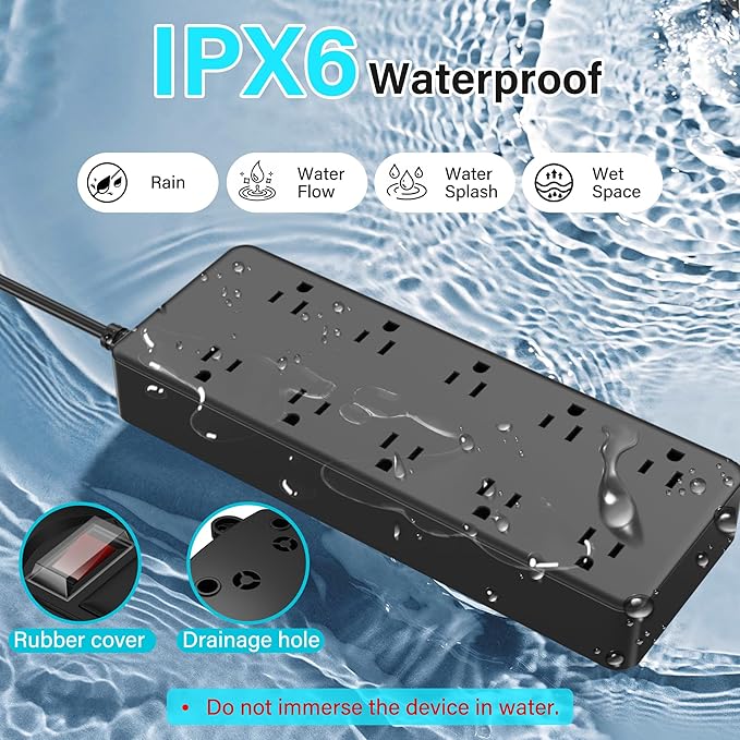 Outdoor Power Strip 10 Ft, IPX6 Waterproof Surge Protector 10 Widely Spaced AC Outlets Extension Cord, 45° Flat Plug, Wall Mountable, 14 Gauge 125V for Garden Patio Camping Christmas Lights-ETL