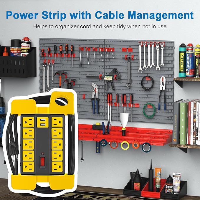 CCCEI Heavy Duty Power Strip with USB Ports, Garage 10 Outlets Surge Protector 2700 Joules, Industrial Workshop Metal 15Amp Multiple Outlets, 15 FT Extension Cord and Wide Spaced Black