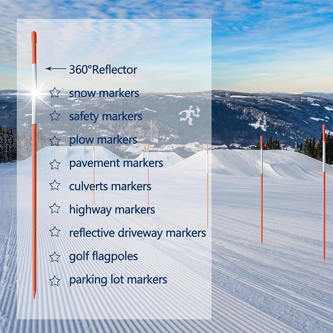 Snow Stakes Driveway Markers Snow Plow Stakes Garden Stakes Fiberglass Orange with Reflective Tape Suit for Snow Plowing Driveway, Parking Lots, Outdoors (50, 48" x 1/4")