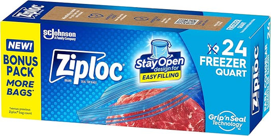Ziploc Quart Food Storage Freezer Bags, Stay Open Design, Easy to Fill, 24 count