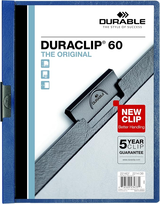 Durable Report Cover with DURACLIP Letter-Size 8.5" x 11" Inches - Holds Up to 60 Pages - Clear Cover and Dark Blue Border - Box of 25 (Pack of 6)