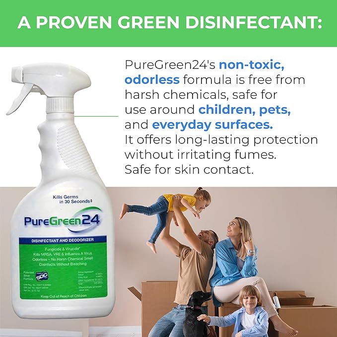 PureGreen24 Value pack Safe & Effective Disinfectant. Kills Deadly Germs including RSV COVID-19 Norovirus MRSA Staph 2025 flu Bird flu Contains no toxic chemicals odorless (1 gallon 3 x 32oz sprays)