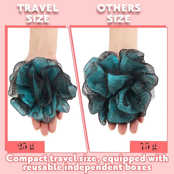 12 Pcs Travel Size Loofah Individually Wrapped, Small Shower Puff Bath Sponge Pouf Ball Bulk Mesh Bath Puff Mini Loofah Sponge with Case Bulk for Shower Care (25g,Fantasy)