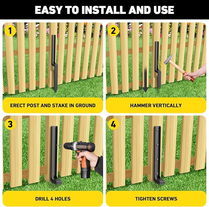 4PCS Fence Post Repair Kit, Heavy Duty Fence Post Repair Stakes, Anchor Ground Spike for Fix Broken Wooden Support
