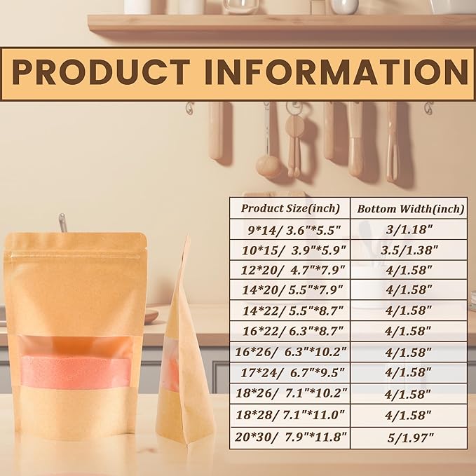 100PCS Kraft Paper Bags with Window(6.3" X 8.7"), Resealable Paper Bags for Food Storage, Stand Up Treat Bag Reusable for Candy, Cookie, Heat Seal Paper Bag for Small Business