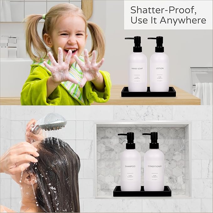 Plastic Soap Dispenser Set - PET Plastic Dish Soap Dispenser for Kitchen, Hand Soap Lotion Bottles with Pump Dispenser for Bathroom, Includes 8 Waterproof Labels, 16 oz, Black Silicone Tray