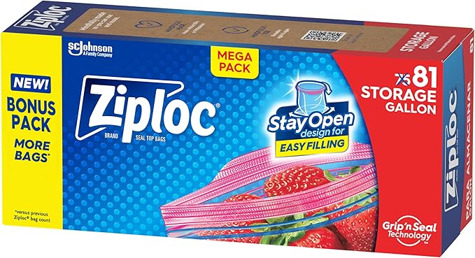 Ziploc Gallon Food Storage Bags, Stay Open Design with Stand-Up Bottom, Easy to Fill, 81 Count