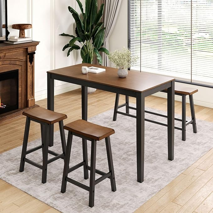 Sophia & William Dining Table Set for 4, Wooden Kitchen Table Set with Bench and 2 Chairs, Space-Saving Farmhouse Dining Sets, Walnut & Black