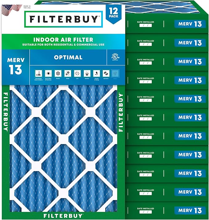 Filterbuy 14x30x2 Air Filter MERV 13 Optimal Smoke & Allergy Defense (12-Pack), Electrostatic Pleated HVAC AC Furnace Filters Replacement, Made in USA (Actual Size: 13.50 x 29.50 x 1.75)