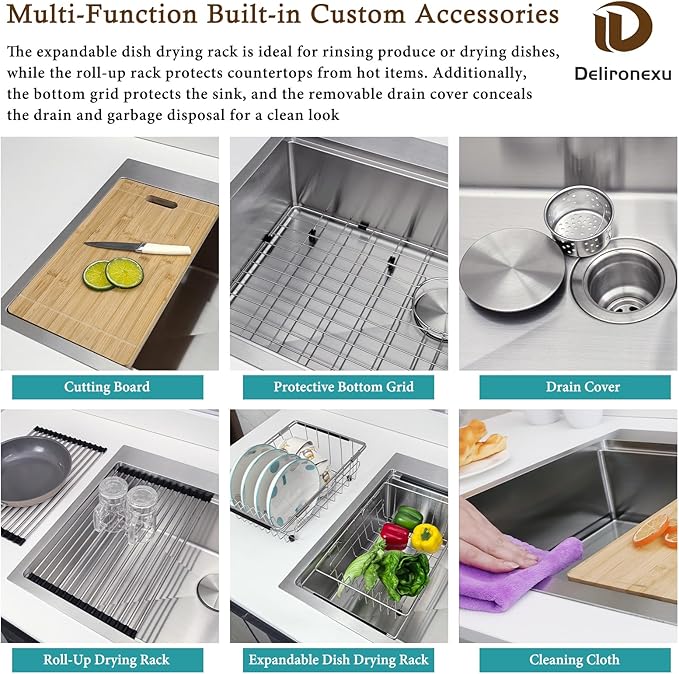 33x19 Drop In Kitchen Sink - Delironexu 16 Gauge Stainless Steel Sinks, 33 Inch Drop In Kitchen Sink Single Bowl, Top Mount Workstation Sinks with 6 Accessories Package