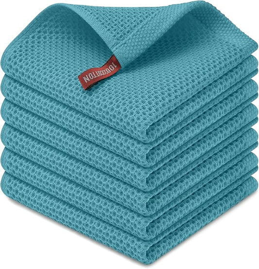 Kitinjoy 100% Cotton Kitchen Dish Cloths (12 X 12 Inches, Lake Blue),6 Pack Waffle Weave Ultra Soft Absorbent Dish Towels for Drying Dishes Quick Drying Kitchen Towels Dish Rags
