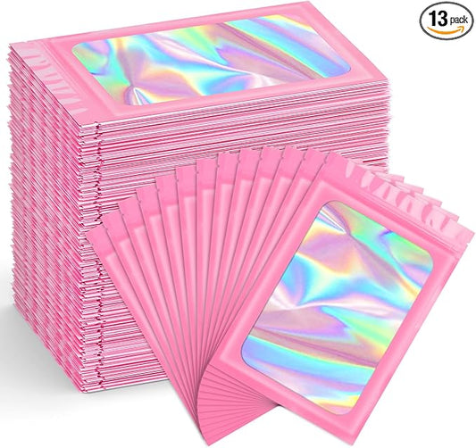 Funfery 300 Pack Smell Proof Resealable Bags for Food Storage,Holographic Bags 4x6 Pink Mylar Clear Packaging Bag- Scent Proof for Cookies, Zip Foil Pouch for Small Business