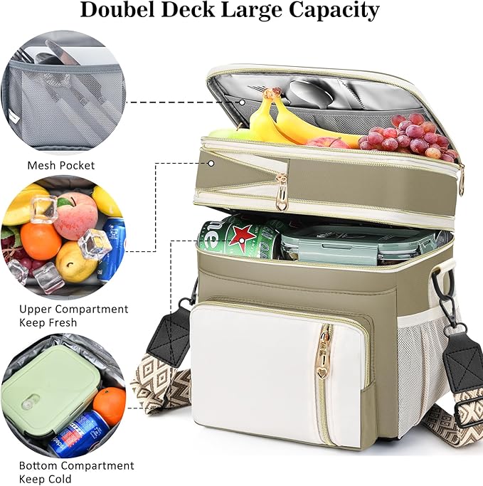 LOKASS Lunch Box for Women/Men-16L-Insulated Lunch Bag, Expandable Double-layer Leakproof Cooler Bag with Upgrade Adjustable Shoulder Strap Ideal for Work/Travel/Picnics（Beige&White）