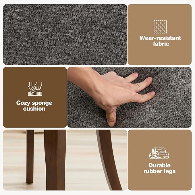 UVV Wooden Dining Chairs Set of 2, Mid Century Modern Upholstered Dining Room Chair Kitchen Chairs, Chenille Dinner Chair with Solid Wood Legs for Kitchen Dining Room, Dark Grey-Chenille