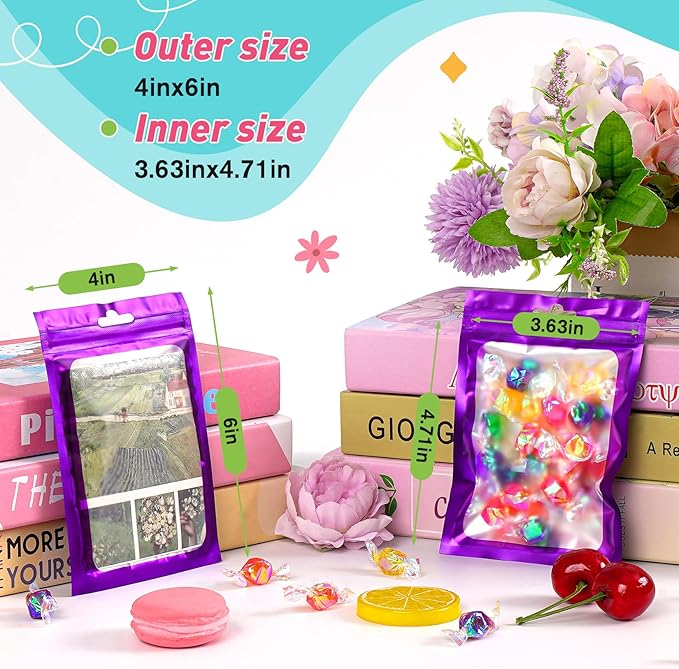 Funfery 300 Pack Smell Proof Resealable Bags for Food Storage,Mylar Clear Bags 4x6 Purple Packaging Bag- Edibles,Odorless Scent Proof Bag for Cookies, Zip Foil Pouch for Small Business