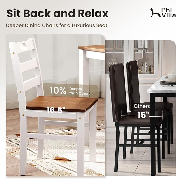 PHI VILLA Dining Table Set for 4, Classic Farmhouse Kitchen Table with 4 Chairs with Built-in Handle, Solid Wood Rectangle Dinner Table Set, American Walnut& White