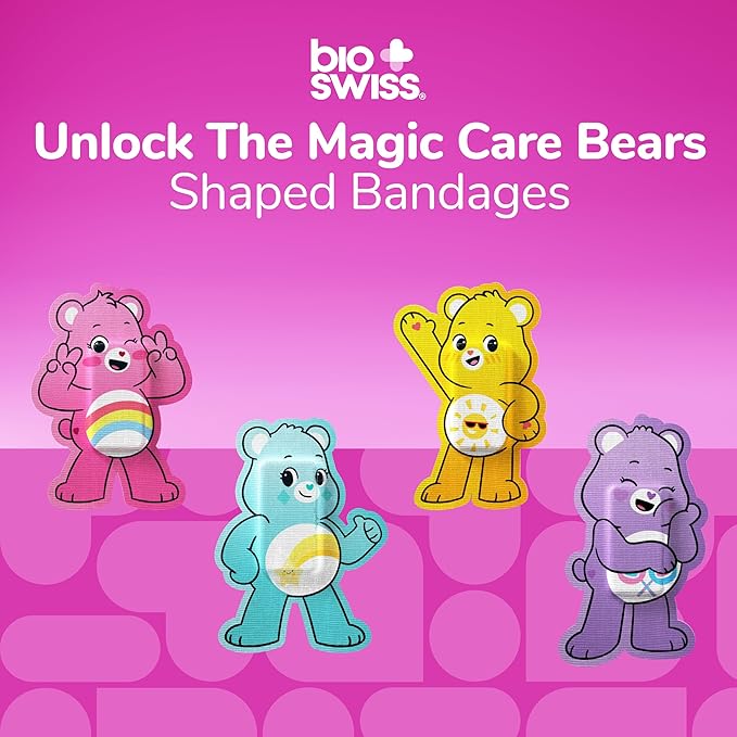BioSwiss Care Bears Kids Bandages, Unlock The Magic Care Bear Shaped Self Adhesive Bandage Set, Latex Free, Sterile Wound Care, 100 Count