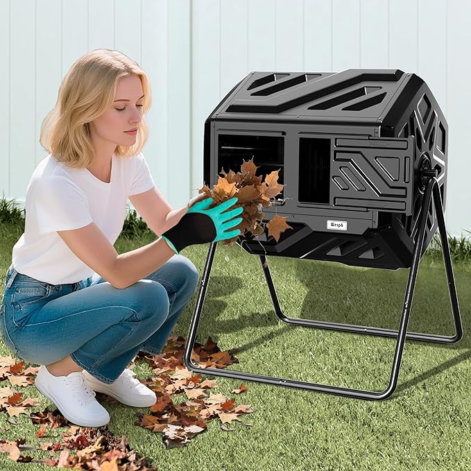 Compost Bin, Outdoor Composter, Fast Assembly 43 Gallon Dual Chamber Outdoor Compost Tumbler, Heavy Duty Tumbling Rotating Composter for Patio, Garden, Yard, Black, Easy Setup, Gloves Included