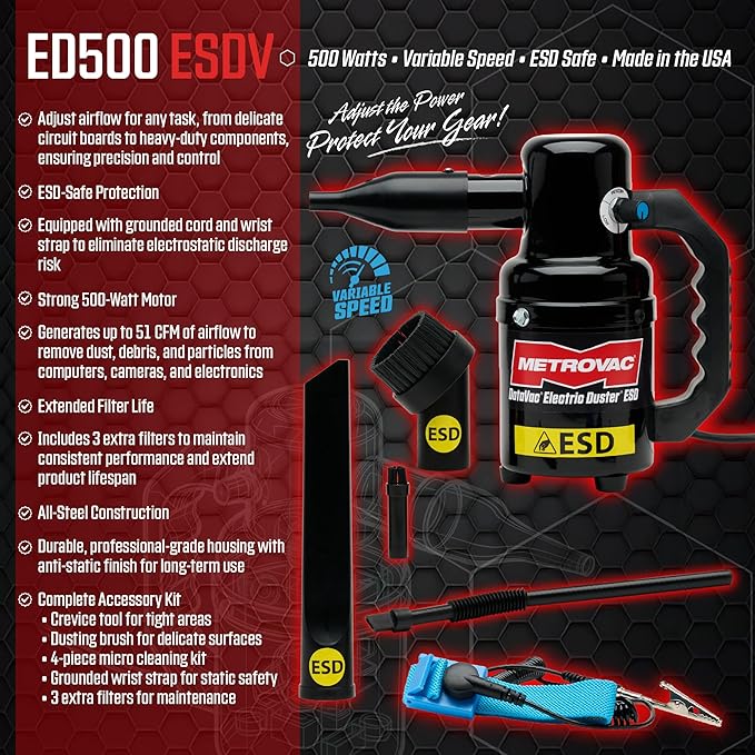 METROVAC ED-500-ESDV Variable Speed, Multi-Use Electronics and Computer Blower/Cleaner, Includes 3 Extra Filters