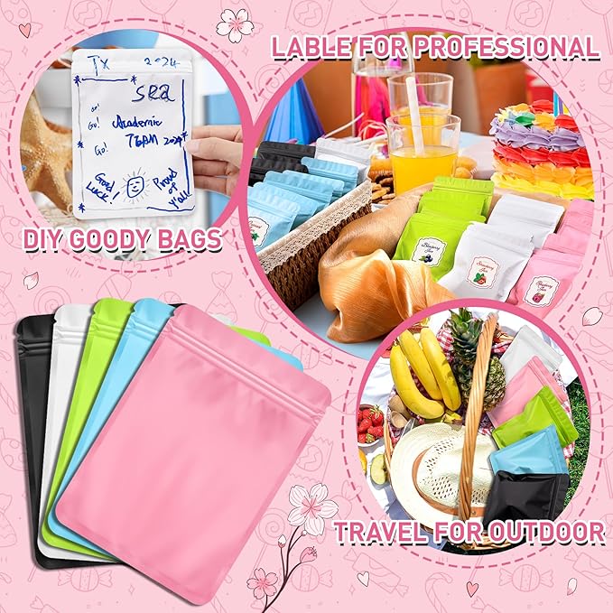 Funfery 100 Pack Pink Mylar Packaging Bags Resealable Bags Double Sided Color Odor Proof Pouch Baggies Smell Proof Foil Bag for Food Storage,Small Business(Pink,3.1x5.1inch)