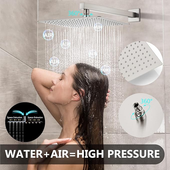 Shower Faucet Set Rainfall Shower System with Square Showerhead and Handle Set Fixture with 2 in 1 Function Handheld Sprayer Wall Mounted Trim Repair Kit Rough-in Valve 16 Inch Brushed Nickel