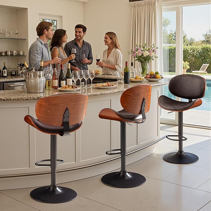 Bar Stools Set of 2 Adjustable Swivel Bentwood Barstools PU Leather Modern Bar Chairs with Back & Footrest for Bar, Kitchen Island, Dining Room (Brown, Set of 2)
