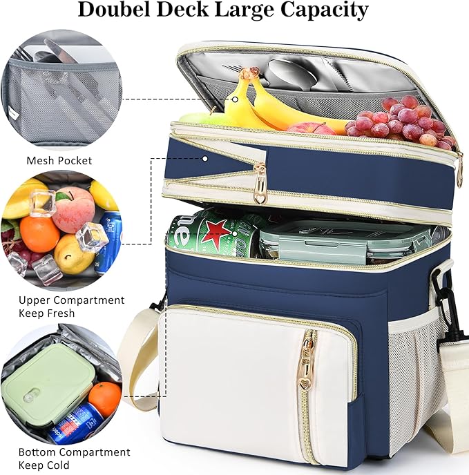 LOKASS Expandable Lunch Box for Women Men | Adult Lunchbag Cooler Tote Bag with Adjustable Shoulder Strap | Insulated Reusable Womens Lunch Bags for Work Camping Beach | 16L, Dark Blue