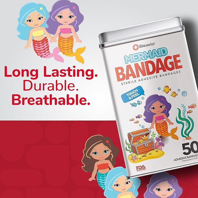 BioSwiss Kids Bandages, Mermaid Shaped Self Adhesive Bandage Set, Latex Free, Sterile Wound Care, 50 Count
