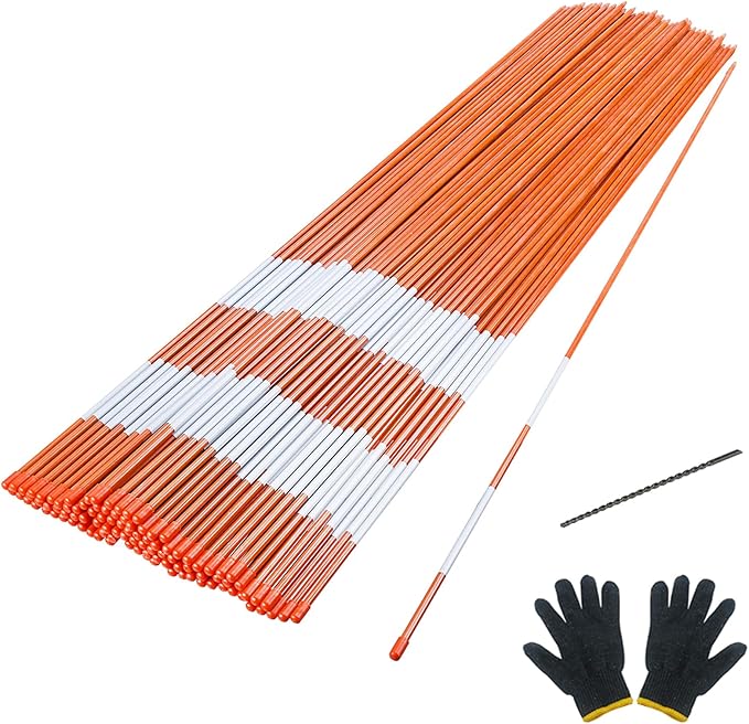 Sunnyglade 100 PCS 72 Inch Driveway Marker Set 1/4 Inch Dia Fiberglass Reflective Snow Stakes with Steel Drill Bit & Protection Gloves for Parking Lots, Walkways(100)