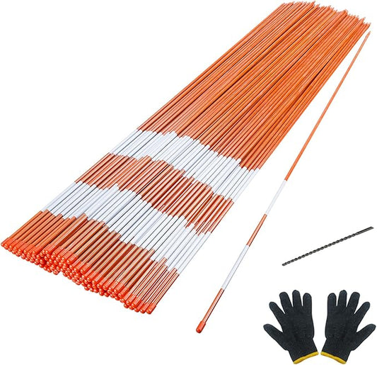 Sunnyglade 100 PCS 72 Inch Driveway Marker Set 1/4 Inch Dia Fiberglass Reflective Snow Stakes with Steel Drill Bit & Protection Gloves for Parking Lots, Walkways(100)
