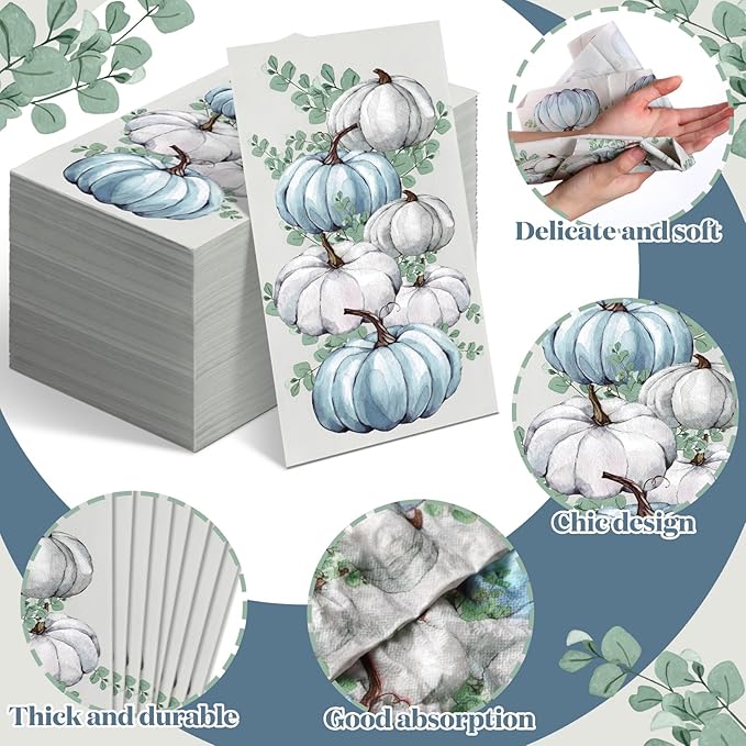 Jetec 200 Pcs Fall Napkins Thanksgiving Disposable Guests Paper Napkins White and Blue Pumpkin Disposable Hand Towels for Bathroom Thank You Gifts Decorative Napkins for Wedding Shower Birthday Party