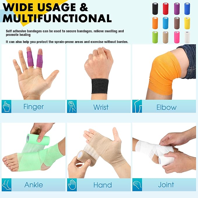 6 Pack Self Adhesive Bandage Wrap, 4 in x 5 Yards Non-Woven Self Adherent Cohesive Bandage, Vet Wrap Wound Tape for Thumb Finger Wrist Knee Ankle, Skin