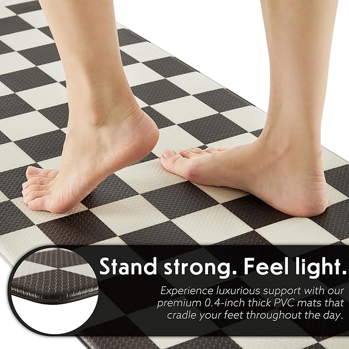 Checkered Kitchen Mats for Floor Set of 2, 2 Pcs Black White Cushioned Non Slip Runner Rugs for Kitchen/Sink/Laundry, Comfort Aesthetic Cute Anti-Fatigue Foam Floor Mat 17.3"x29.5"+17.3"x47.2"