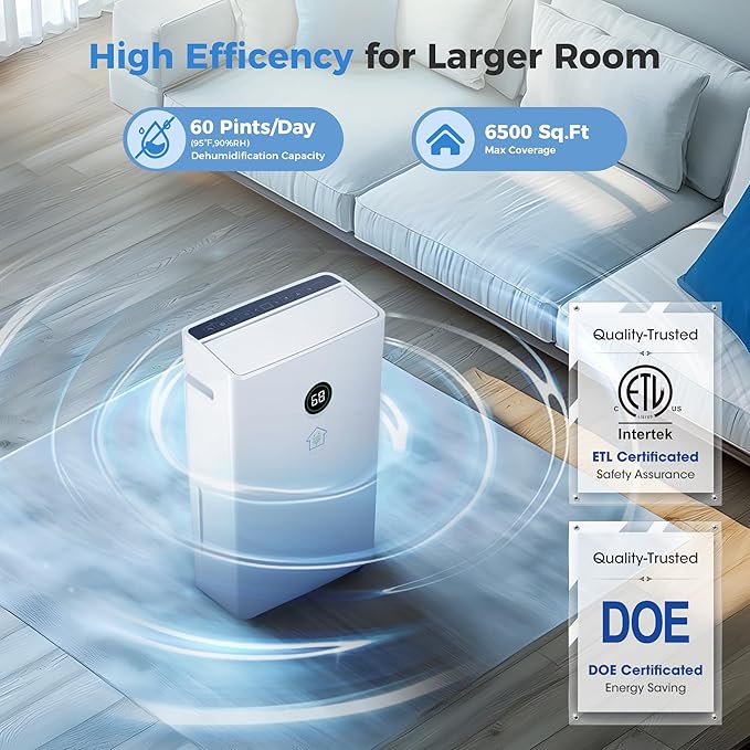 6,500 Sq Ft Smart Home Dehumidifier with Drain Hose, 1.45 Gallons Water Tank, 24 Hr Timer, 60 Pints, High Efficiency Compressor for Large Rooms,Basements, Bathrooms and Bedrooms