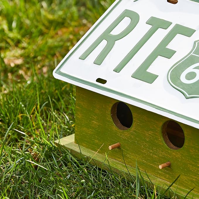 Glitzhome 14”L Wood Hanging Birdhouse for Outdoors, Licence Plate Route 66 Welcome Painted Bird House, Rustic Bird House for Bluebird Wren Sparrow, Bird Nest Box for Garden Patio, Washed Green