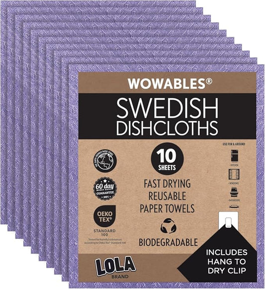 LOLA Swedish Dishcloths, 10 Sheets Biodegradable Reusable Paper Towels Absorbent Kitchen Sponge Cloths Zero Waste No Odor, Made in Germany