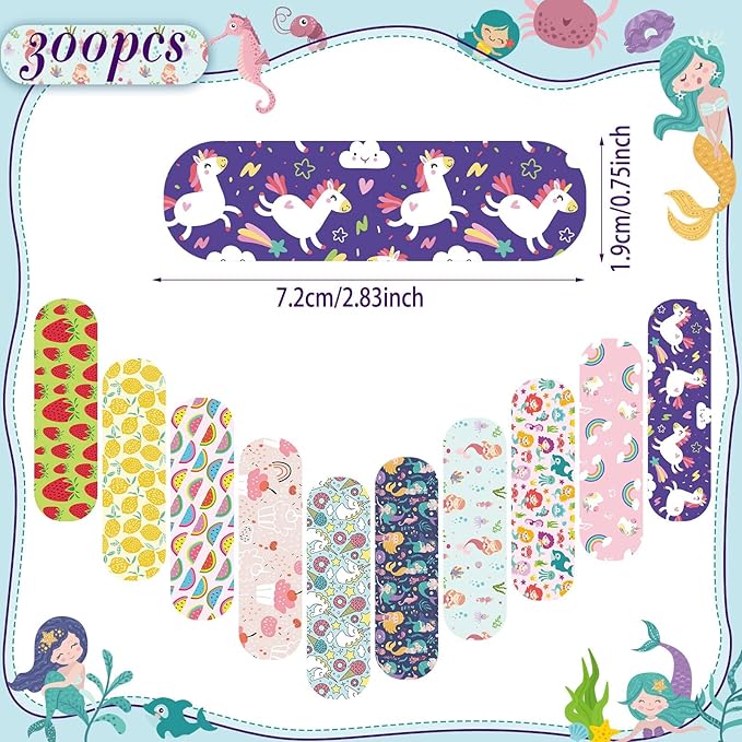 Patelai 300 Pieces Kids Bandages Bulk 10 Styles Children's Adhesive Flexible Colorful Cute Cartoon Bandages Waterproof Breathable Stickers Protection Care Cuts for Girls Boys(Cute)