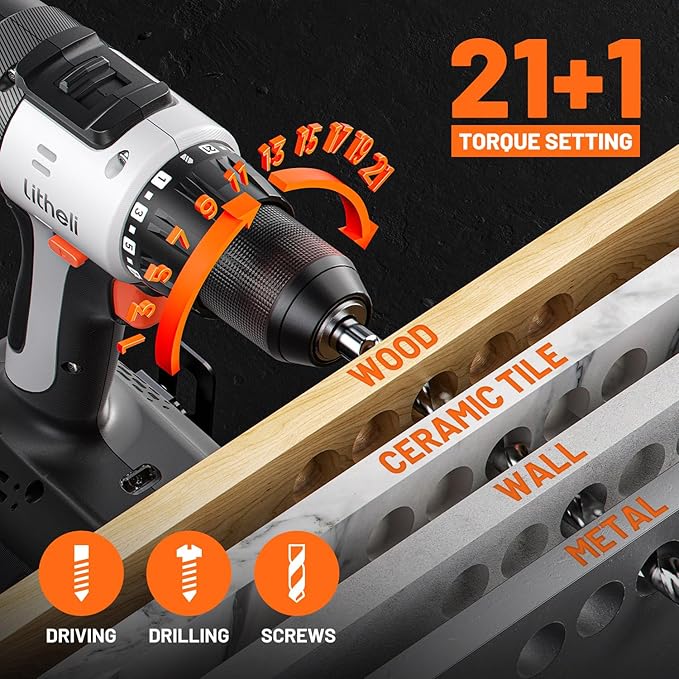 Litheli 20V Cordless Drill Driver Set, Electric Power Drill with 2 Variable Speed Settings, 1/2 Inch Keyless Chuck, 21+1 Clutch Settings with Maximum Torque of 443 In-lbs