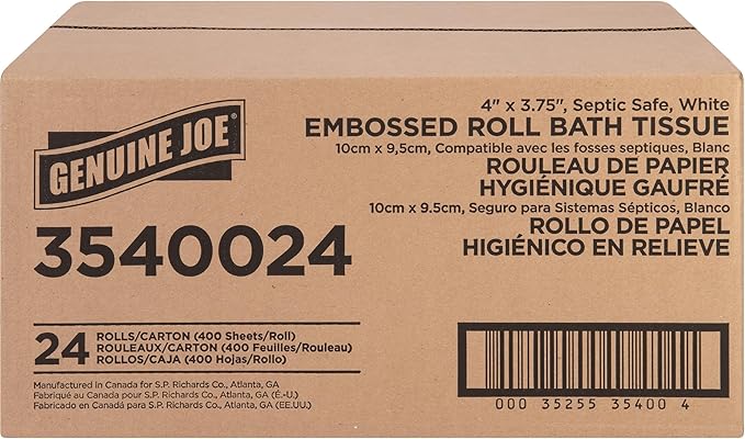 Genuine Joe Embossed Bath Tissue, 2-Ply, Septic Safe, Individually Wrapped, 4" x 3.75", 400 Sheets/Roll, 24 Count