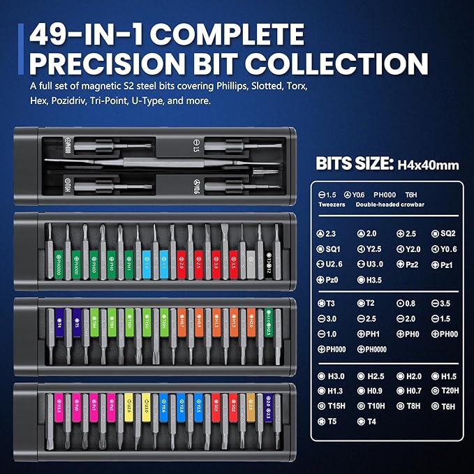 49 in-1 Precision Screwdriver Set w/t Magnetic S2 Steel Bits,Pop-Up Storage Box,Extended Bits,Tweezers&Pry Tool,Portable Multi-Bit Screwdriver Kit for Phone,Laptop,Camera,Eyeglasses&Electronics Repair
