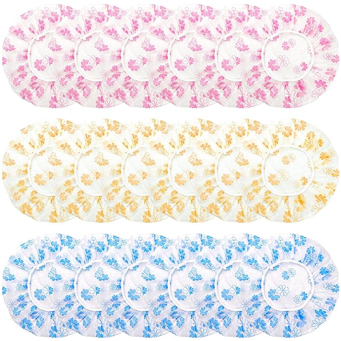 18Pcs Plastic Shower Caps for Women Waterproof Bath Caps Bathing Hair Cap Reusable Shower Caps for Shower,Spa,Salon,Housework,Girls,Home,Travel (Yellow+Red+Blue-Flower)