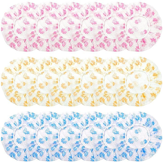 18Pcs Plastic Shower Caps for Women Waterproof Bath Caps Bathing Hair Cap Reusable Shower Caps for Shower,Spa,Salon,Housework,Girls,Home,Travel (Yellow+Red+Blue-Flower)