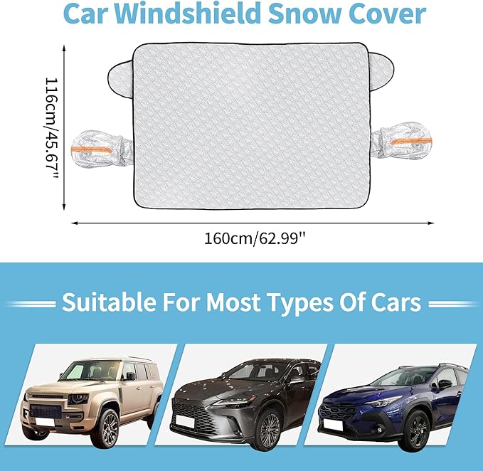 Car Windshield Snow Cover 4-Layer Protection for Snow Ice Frost Sunlight Large Magnetic Car Windshield Cover with Side Mirror Protector for Large Cars SUV Truck Van (63" x 46")