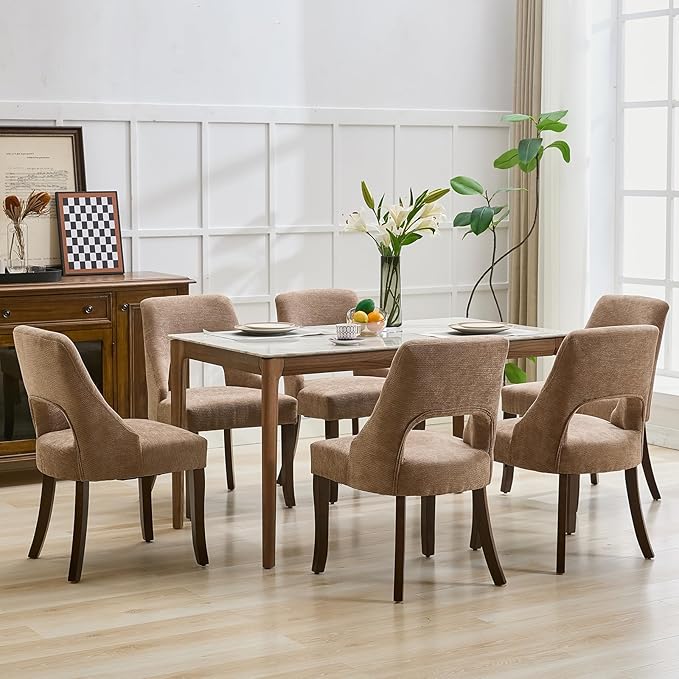 UVV Wooden Dining Chairs Set of 6, Mid Century Modern Upholstered Dining Room Chair Kitchen Chairs, Chenille Dinner Chair with Solid Wood Legs for Kitchen Dining Room, Khaki-Chenille