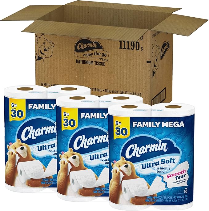 Charmin Ultra Soft Cushiony Touch Toilet Paper, 18 Family Mega Rolls = 90 Regular Rolls (Packaging May Vary)