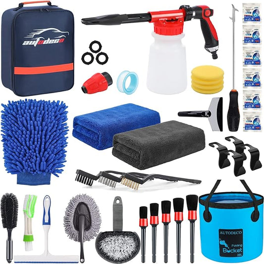 AUTODECO 35Pcs Car Wash Detailing Kit Cleaning Kits with Foam Gun Sprayer Collapsible Bucket Brush Large Wash Mitt Towels Complete Interior Exterior Car Washing Supply Set Blue